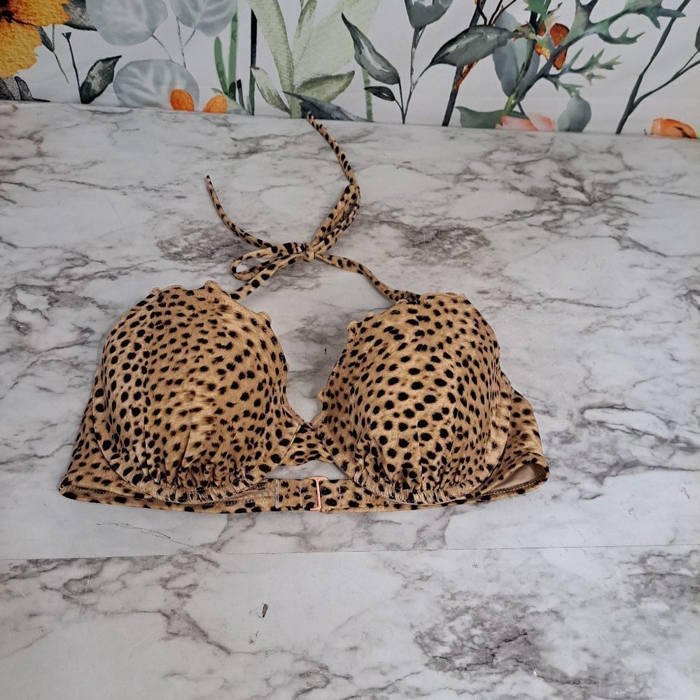 Shade Shore Bikini Top Animal Print 34C Ruffle‎ Tie Neck Bra